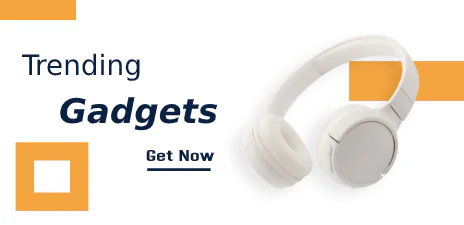 White over-ear headphones with a Trending Gadgets promotion