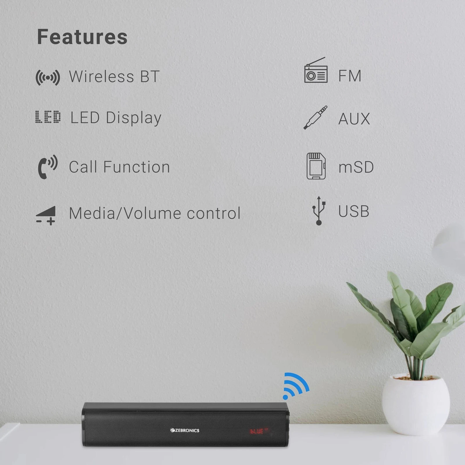 ZEBRONICS Zeb-Vita Plus Mini 16 w Soundbar Supporting LED Display, USB, SD Card, AUX, FM, TWS & Call Function. (Grey) - Image 5